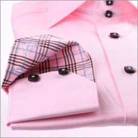 Pink shirt with brown, pink and blue Prince of Wales collar and cuffs, brown buttons