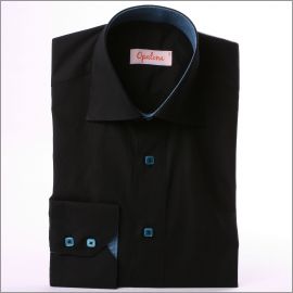 Black shirt with blue green collar and cuffs and blue buttons