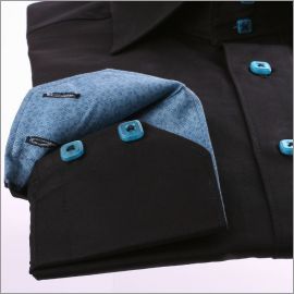 Black shirt with blue green collar and cuffs and blue buttons