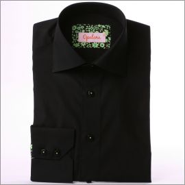 Black slim fit shirt with green flowers fabric sewed on the cuffs