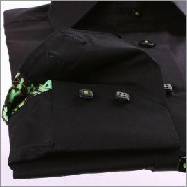 Black slim fit shirt with green flowers fabric sewed on the cuffs