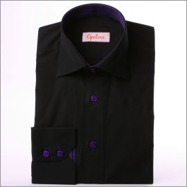 Black slim fit shirt with purple stripes collar and cuffs and purple buttons