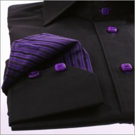 Black slim fit shirt with purple stripes collar and cuffs and purple buttons