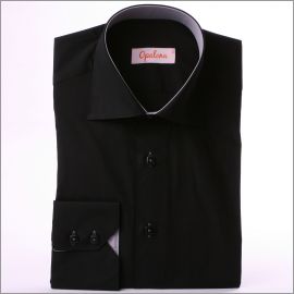 Black slim fit shirt with grey collar and cuffs and silver grey ribbon