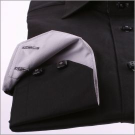 Black slim fit shirt with grey collar and cuffs and silver grey ribbon