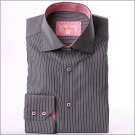 Black with thin white stripes slim fit shirt with pink collar and cuffs and pink buttons