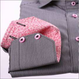 Black with thin white stripes slim fit shirt with pink collar and cuffs and pink buttons