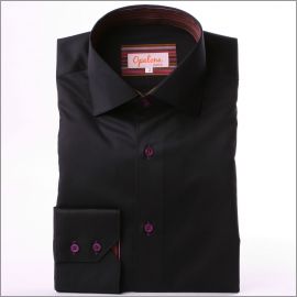 Black shirt with multicolored stripes collar and cuffs and purple buttons