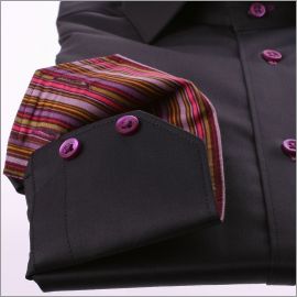Black shirt with multicolored stripes collar and cuffs and purple buttons