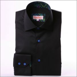 Black shirt with blue and green patterns collar and cuffs and blue buttons