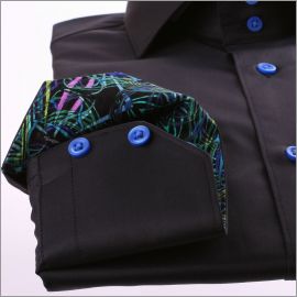 Black shirt with blue and green patterns collar and cuffs and blue buttons