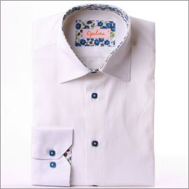 White shirt with blue and brown flowers collar and blue buttons