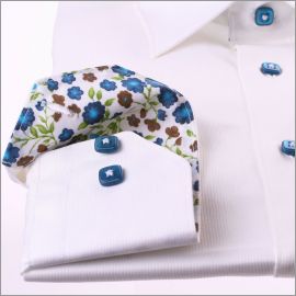 White shirt with blue and brown flowers collar and blue buttons