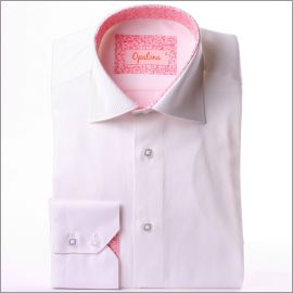 White shirt with pink patterns collar and cuffs