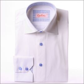 White shirt with white and blue checked collar and blue buttons