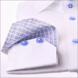 White shirt with white and blue checked collar and blue buttons