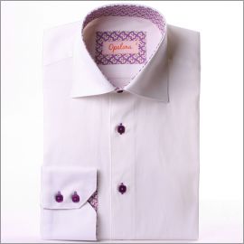 White shirt with purple floral collar and cuffs and purple buttons