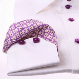 White shirt with purple floral collar and cuffs and purple buttons