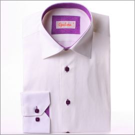 White shirt with purple patterns collar and cuffs and purple buttons