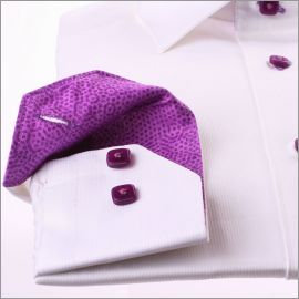 White shirt with purple patterns collar and cuffs and purple buttons