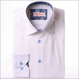 White shirt with blue flowers collar and cuffs and blue buttons