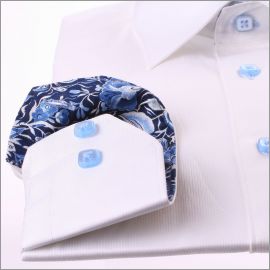 White shirt with blue flowers collar and cuffs and blue buttons