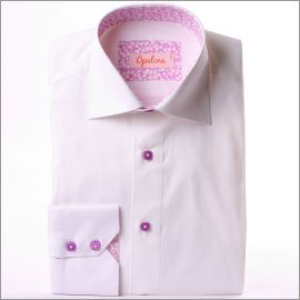 White shirt with lilac patterns collar and cuffs and lilac buttons