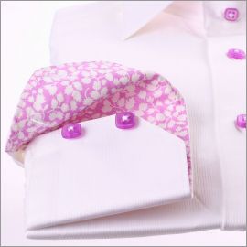 White shirt with lilac patterns collar and cuffs and lilac buttons