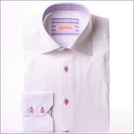 White shirt with multicolored stripes collar and cuffs and pink buttons