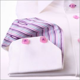White shirt with multicolored stripes collar and cuffs and pink buttons