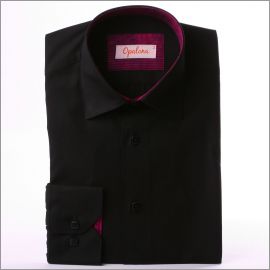 Black slim fit shirt with fushia patterns collar and cuffs