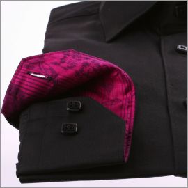 Black slim fit shirt with fushia patterns collar and cuffs