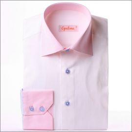 White slim fit shirt with pink collar and cuffs, blue sleeves and buttons