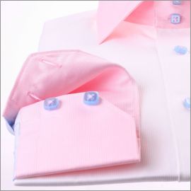 White slim fit shirt with pink collar and cuffs, blue sleeves and buttons
