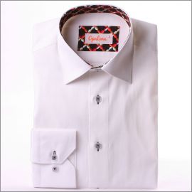 White shirt with orange and brown patterns intern collar