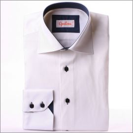 White shirt with navy blue collar, cuffs and buttons