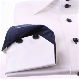 White shirt with navy blue collar, cuffs and buttons