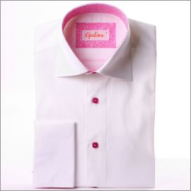 White french cuff shirt with pink floral collar and cuffs and pink buttons