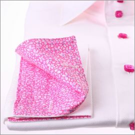 White french cuff shirt with pink floral collar and cuffs and pink buttons