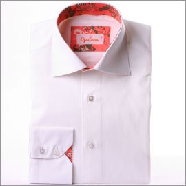 White shirt with salmon-pink and brown patterns collar and cuffs