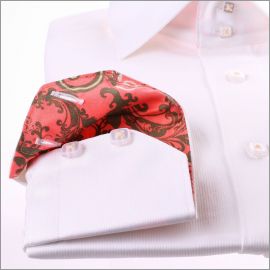 White shirt with salmon-pink and brown patterns collar and cuffs