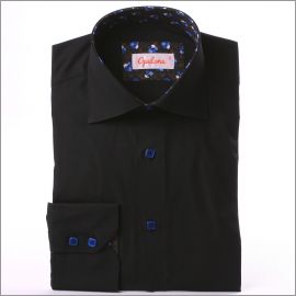 Black slim fit shirt with blue flowers collar and cuffs and blue buttons