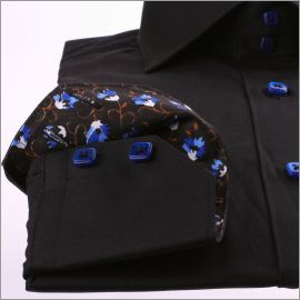 Black slim fit shirt with blue flowers collar and cuffs and blue buttons