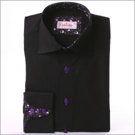 Black slim fit shirt with purple flowers collar and napolitan cuffs