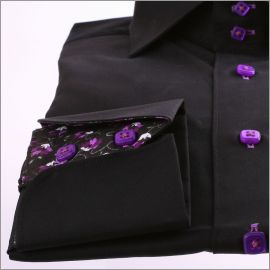 Black slim fit shirt with purple flowers collar and napolitan cuffs
