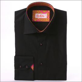 Black slim fit shirt with pink and light green patterns collar and cuffs