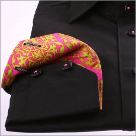 Black slim fit shirt with pink and light green patterns collar and cuffs