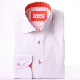 White shirt with orange and pink patterns collar and cuffs