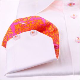 White shirt with orange and pink patterns collar and cuffs
