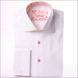 White french cuff shirt with with beige and pink patterns collar and cuffs